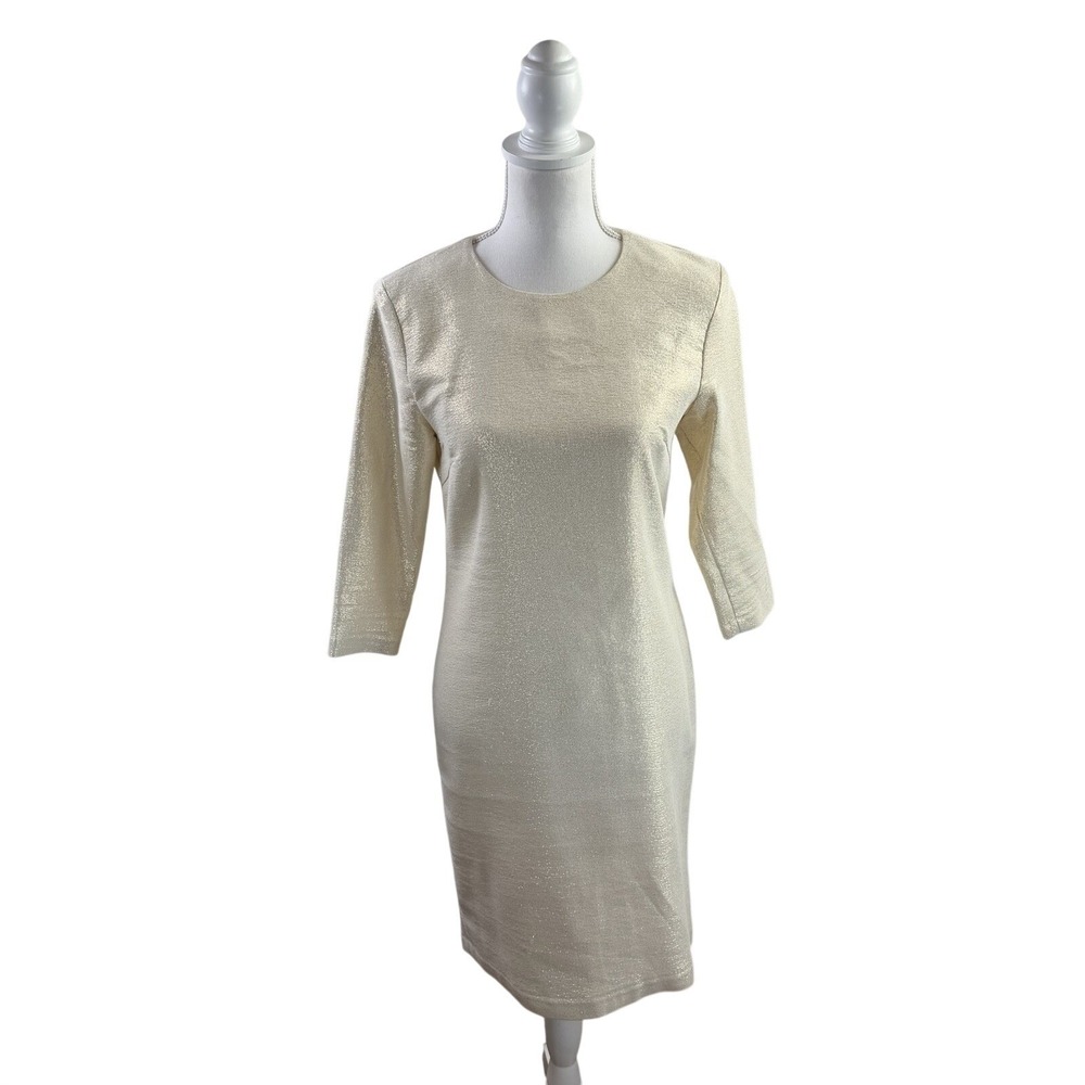 NWOT J. Mclaughlin Womens 3/4 Sleeve Crew Neck Lurex Sheath Dress Gold Sz Small
